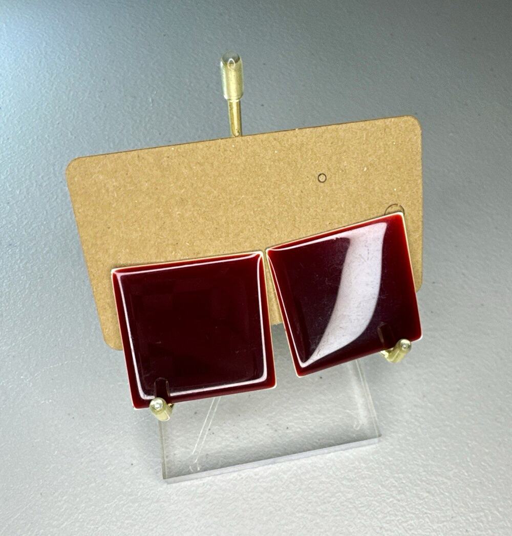 Burgundy Square Clip On Earrings Oversized Geometric Statement Metal Back